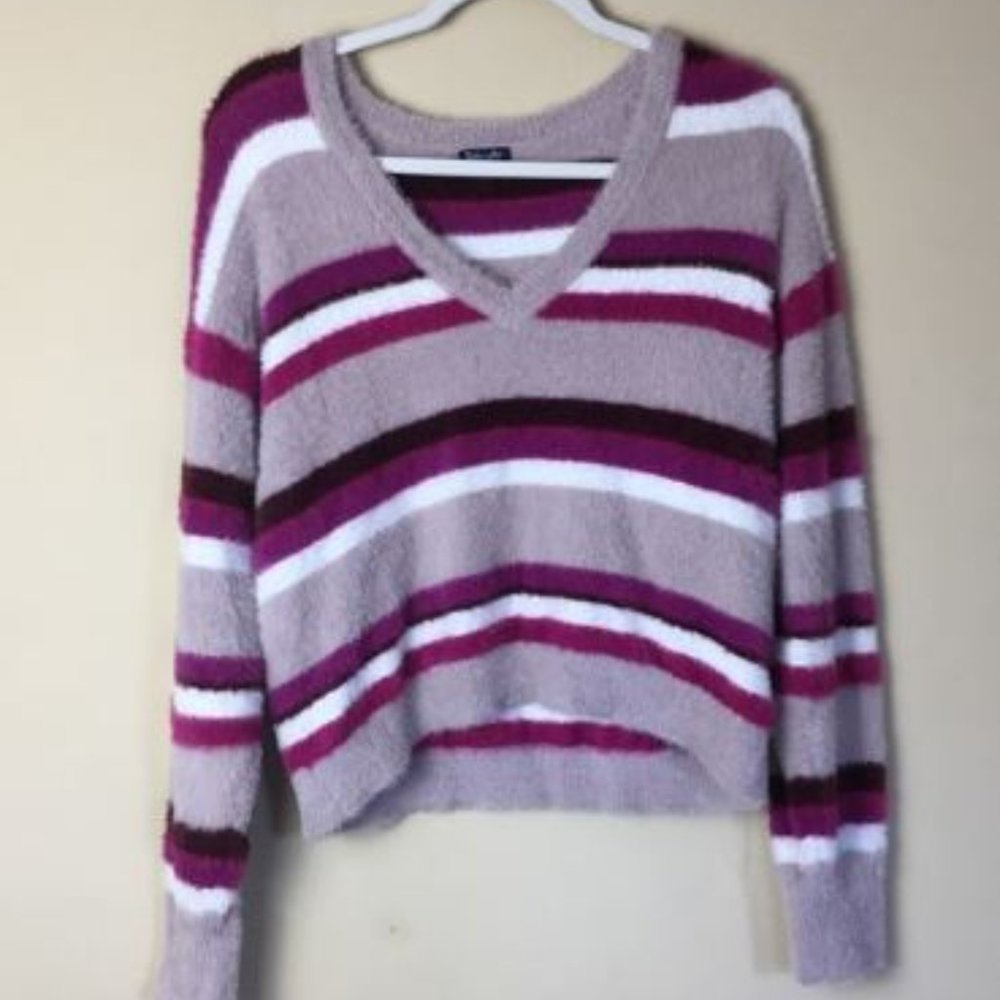 Fuzzy Stripe Long Sleeve Cropped Top - Picture 2 of 5